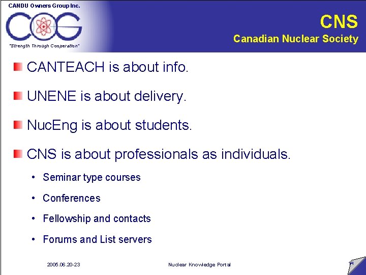 CANDU Owners Group Inc. CNS Canadian Nuclear Society “Strength Through Cooperation” CANTEACH is about