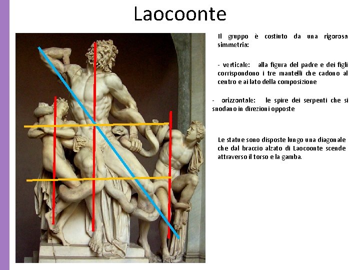 Laocoonte Il gruppo è costiuto da una rigorosa simmetria: - verticale: alla figura del
