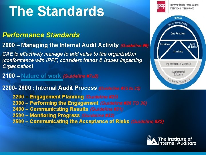 The Standards Performance Standards 2000 – Managing the Internal Audit Activity (Guideline #9) CAE