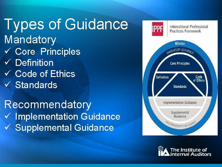 Types of Guidance Mandatory ü ü Core Principles Definition Code of Ethics Standards Recommendatory