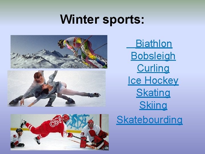 Winter sports: Biathlon Bobsleigh Curling Ice Hockey Skating Skiing Skatebourding 