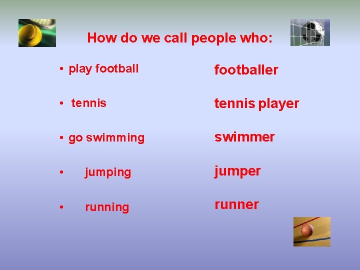 How do we call people who: • play footballer • tennis player • go