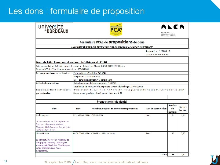 Les dons : formulaire de proposition 11 10 septembre 2019 Le PCAq : vers