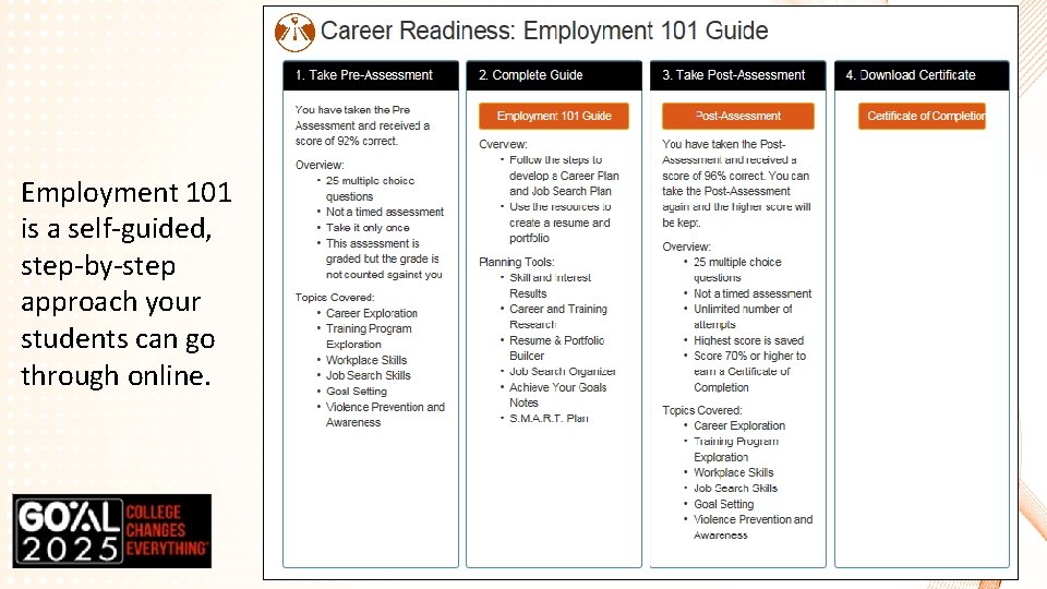 Employment 101 is a self-guided, step-by-step approach your students can go through online. 