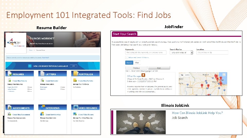 Employment 101 Integrated Tools: Find Jobs Resume Builder Job. Finder Illinois Job. Link 