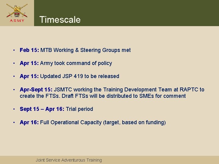 Timescale • Feb 15: MTB Working & Steering Groups met • Apr 15: Army Timescale • Feb 15: MTB Working & Steering Groups met • Apr 15: Army