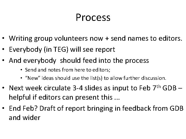 Process • Writing group volunteers now + send names to editors. • Everybody (in