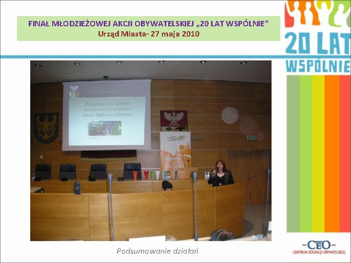 FINAŁ MŁODZIEŻOWEJ AKCJI OBYWATELSKIEJ „ 20 LAT WSPÓLNIE” Urząd Miasta- 27 maja 2010 Podsumowanie