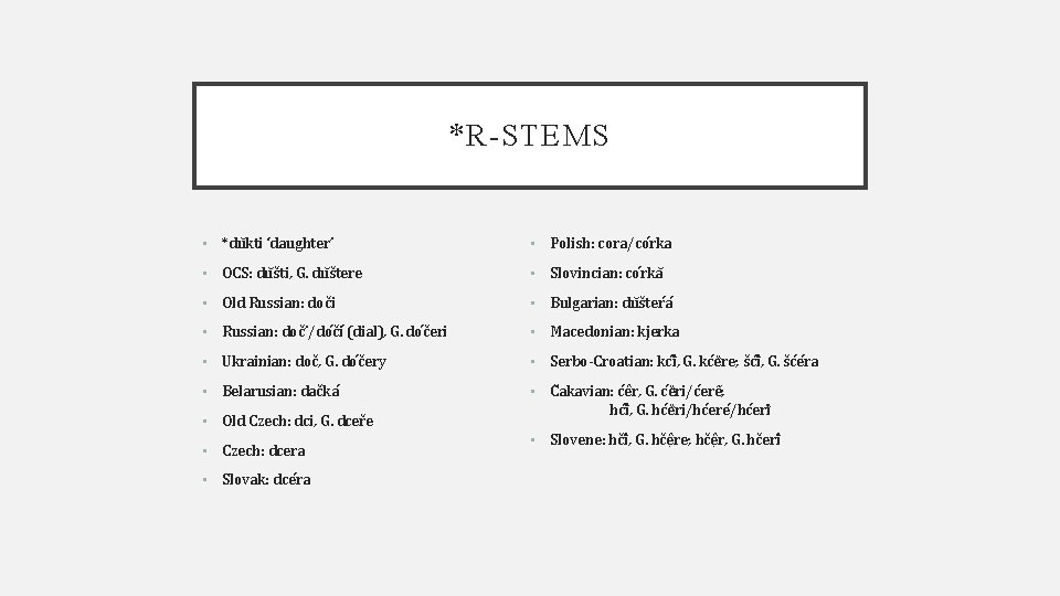 *R-STEMS • *du kti ‘daughter’ • Polish: cora/co rka • OCS: du s ti,