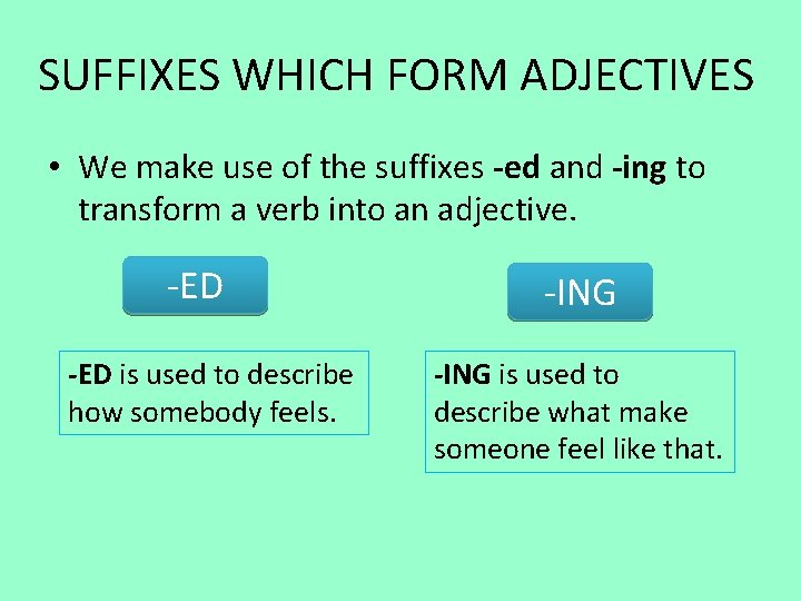 SUFFIXES WHICH FORM ADJECTIVES • We make use of the suffixes -ed and -ing