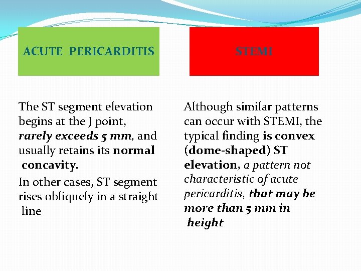 ACUTE PERICARDITIS STEMI The ST segment elevation begins at the J point, rarely exceeds