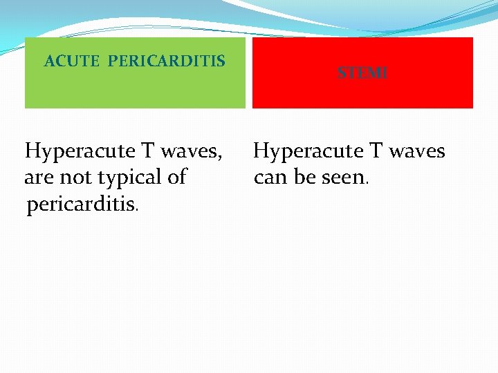 ACUTE PERICARDITIS Hyperacute T waves, are not typical of pericarditis. STEMI Hyperacute T waves