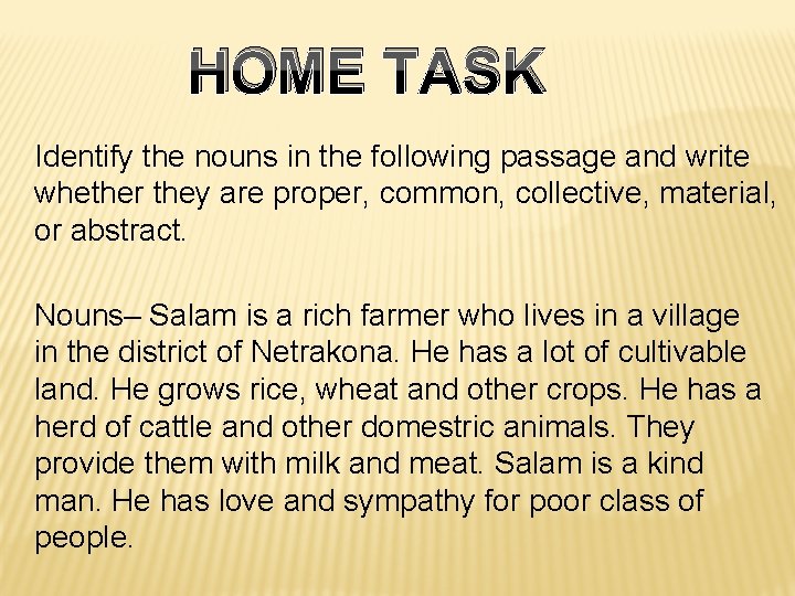 HOME TASK Identify the nouns in the following passage and write whether they are