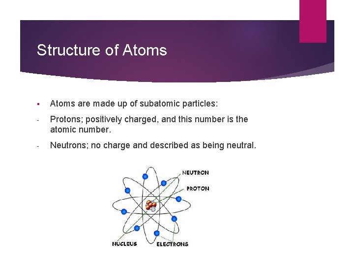 Structure of Atoms § Atoms are made up of subatomic particles: - Protons; positively