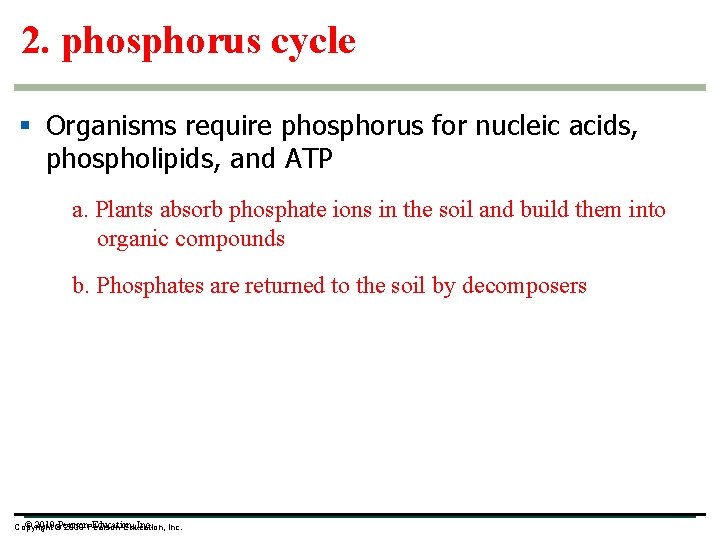 2. phosphorus cycle § Organisms require phosphorus for nucleic acids, phospholipids, and ATP a.