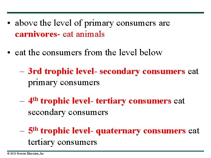  • above the level of primary consumers are carnivores- eat animals • eat