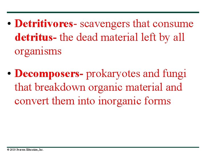  • Detritivores- scavengers that consume detritus- the dead material left by all organisms