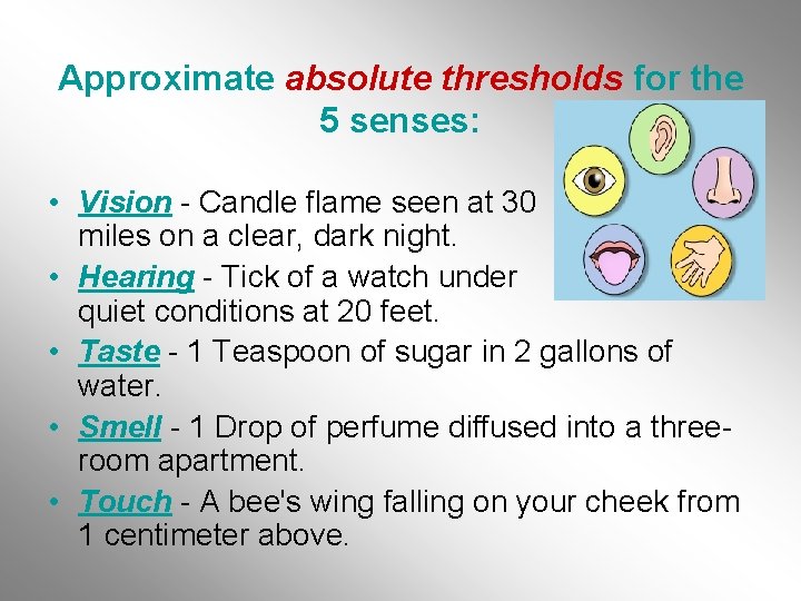 Approximate absolute thresholds for the 5 senses: • Vision - Candle flame seen at