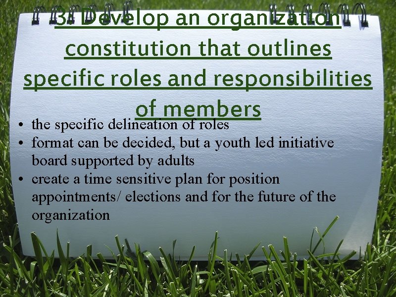 3: Develop an organization constitution that outlines specific roles and responsibilities of members •