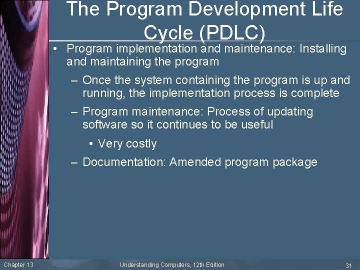 The Program Development Life Cycle (PDLC) • Program implementation and maintenance: Installing and maintaining