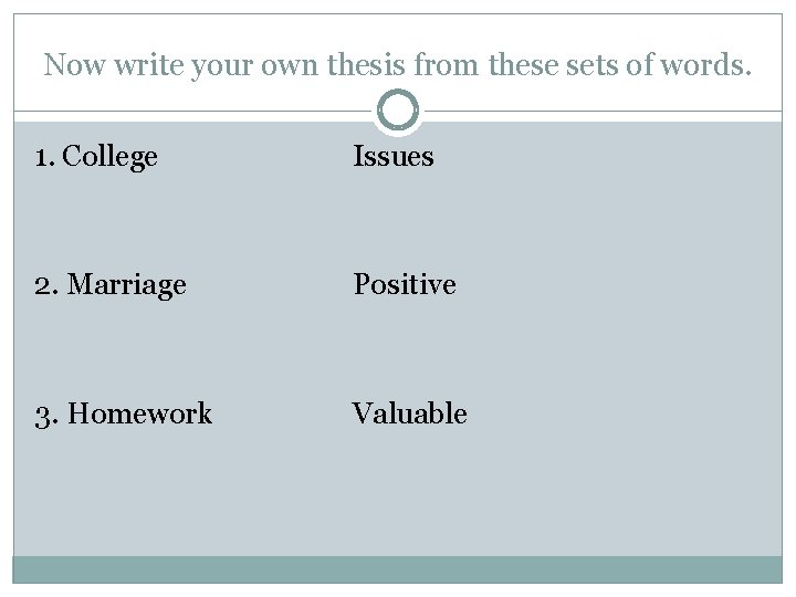 Now write your own thesis from these sets of words. 1. College Issues 2.