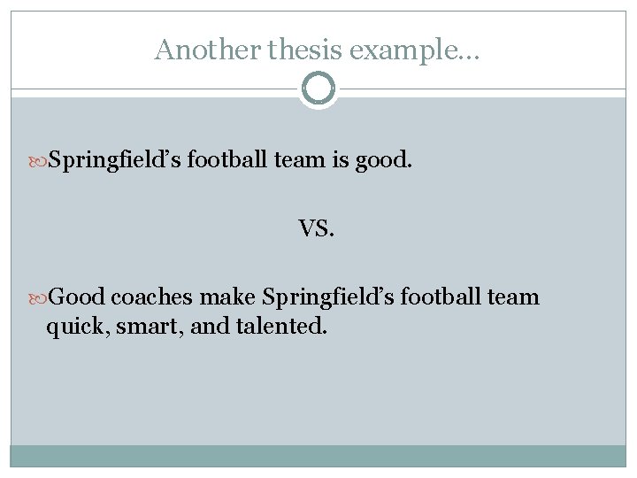 Another thesis example… Springfield’s football team is good. VS. Good coaches make Springfield’s football