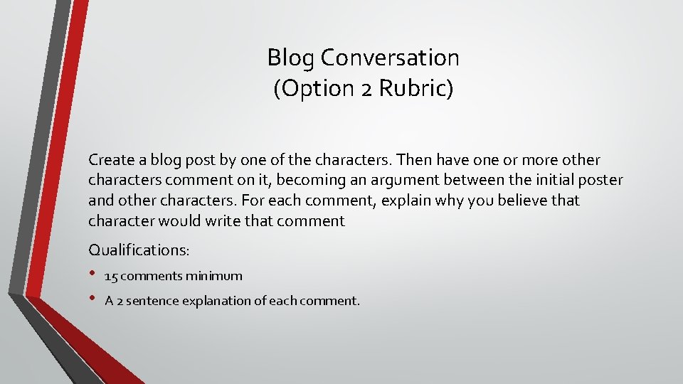 Blog Conversation (Option 2 Rubric) Create a blog post by one of the characters.