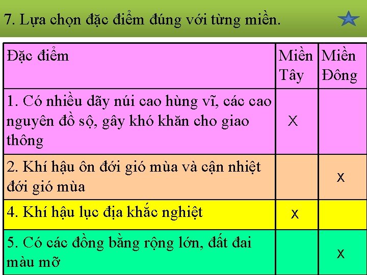 7. Lựa chọn đặc điểm đúng với từng miền. Đặc điểm 1. Có nhiều