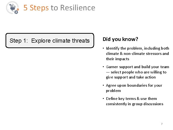 5 Steps to Resilience Step 1: Explore climate threats Did you know? • Identify