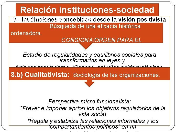 Relación instituciones-sociedad 3. a) Cuantitativista: 3. - Instituciones concebidas III desde la visión positivista