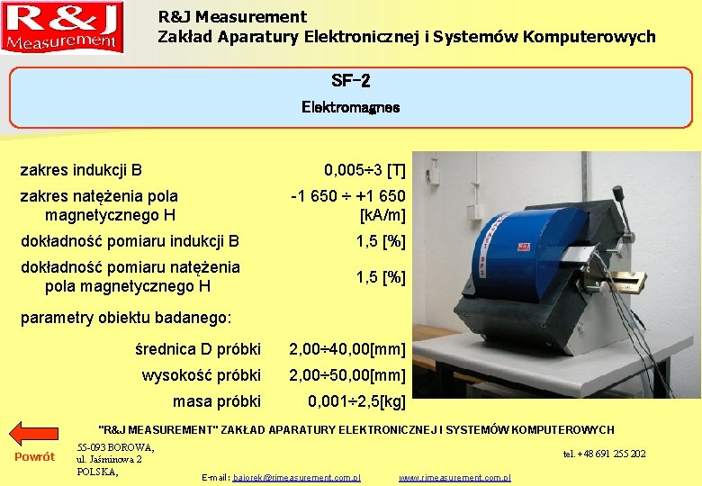 R&J Measurement Zakład Aparatury Elektronicznej i Systemów Komputerowych SF-2 Elektromagnes zakres indukcji B 0,