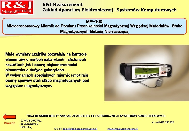 R&J Measurement Zakład Aparatury Elektronicznej i Systemów Komputerowych MP-100 Mikroprocesorowy Miernik do Pomiaru Przenikalności