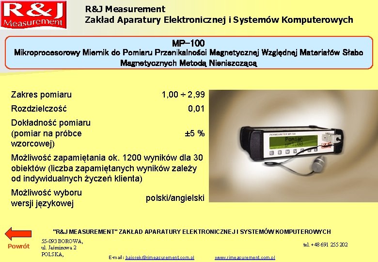 R&J Measurement Zakład Aparatury Elektronicznej i Systemów Komputerowych MP-100 Mikroprocesorowy Miernik do Pomiaru Przenikalności