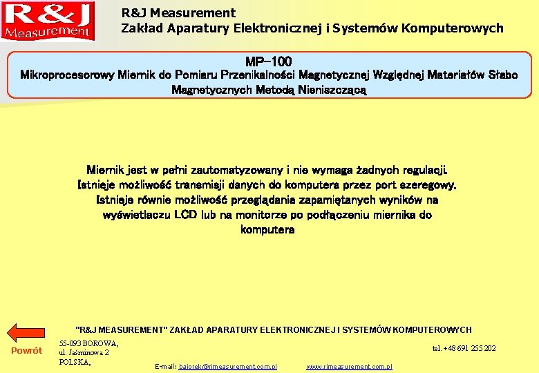 R&J Measurement Zakład Aparatury Elektronicznej i Systemów Komputerowych MP-100 Mikroprocesorowy Miernik do Pomiaru Przenikalności