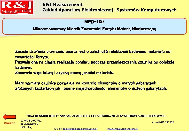 R&J Measurement Zakład Aparatury Elektronicznej i Systemów Komputerowych MPD-100 Mikroprocesorowy Miernik Zawartości Ferrytu Metodą