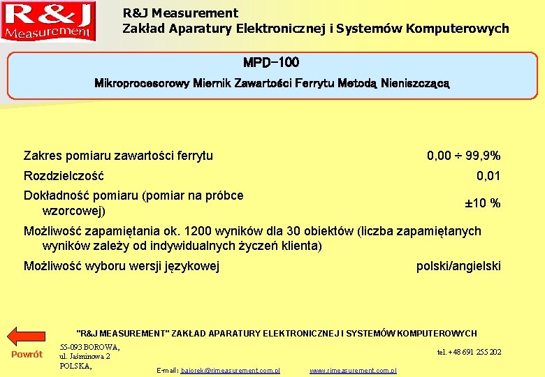 R&J Measurement Zakład Aparatury Elektronicznej i Systemów Komputerowych MPD-100 Mikroprocesorowy Miernik Zawartości Ferrytu Metodą