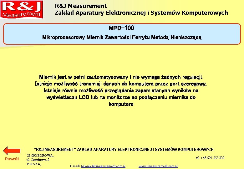 R&J Measurement Zakład Aparatury Elektronicznej i Systemów Komputerowych MPD-100 Mikroprocesorowy Miernik Zawartości Ferrytu Metodą