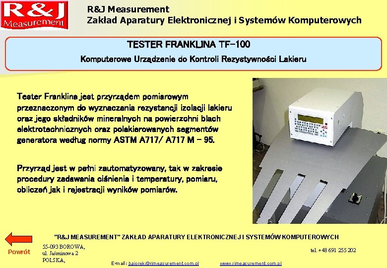 R&J Measurement Zakład Aparatury Elektronicznej i Systemów Komputerowych TESTER FRANKLINA TF-100 Komputerowe Urządzenie do