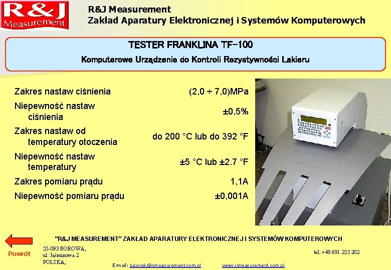 R&J Measurement Zakład Aparatury Elektronicznej i Systemów Komputerowych TESTER FRANKLINA TF-100 Komputerowe Urządzenie do