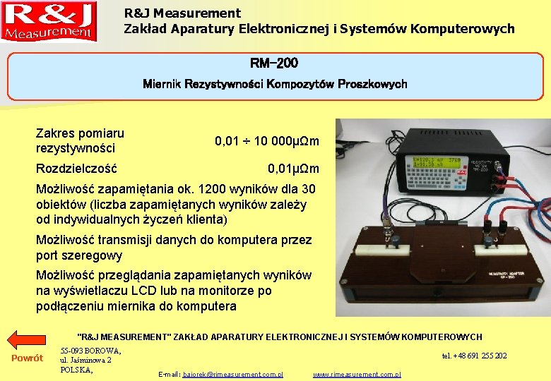 R&J Measurement Zakład Aparatury Elektronicznej i Systemów Komputerowych RM-200 Miernik Rezystywności Kompozytów Proszkowych Zakres