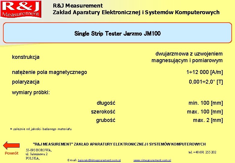 R&J Measurement Zakład Aparatury Elektronicznej i Systemów Komputerowych Single Strip Tester Jarzmo JM 100