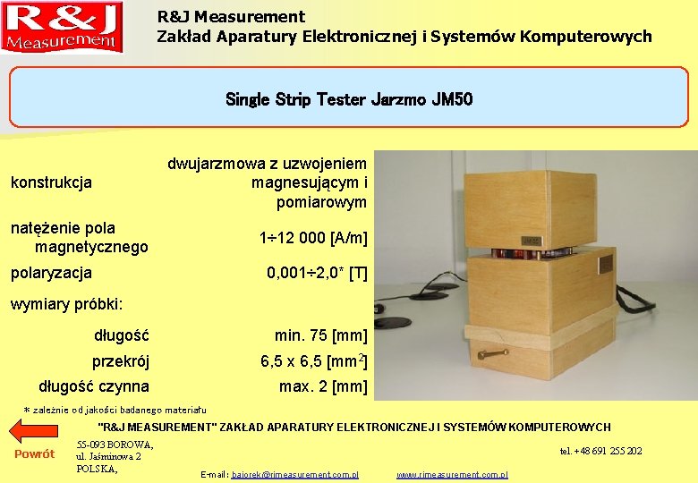 R&J Measurement Zakład Aparatury Elektronicznej i Systemów Komputerowych Single Strip Tester Jarzmo JM 50