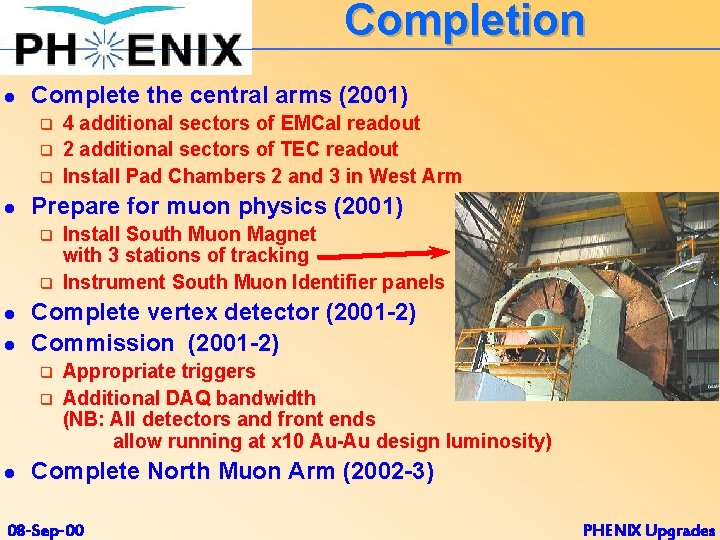 Completion l Complete the central arms (2001) q q q l Prepare for muon