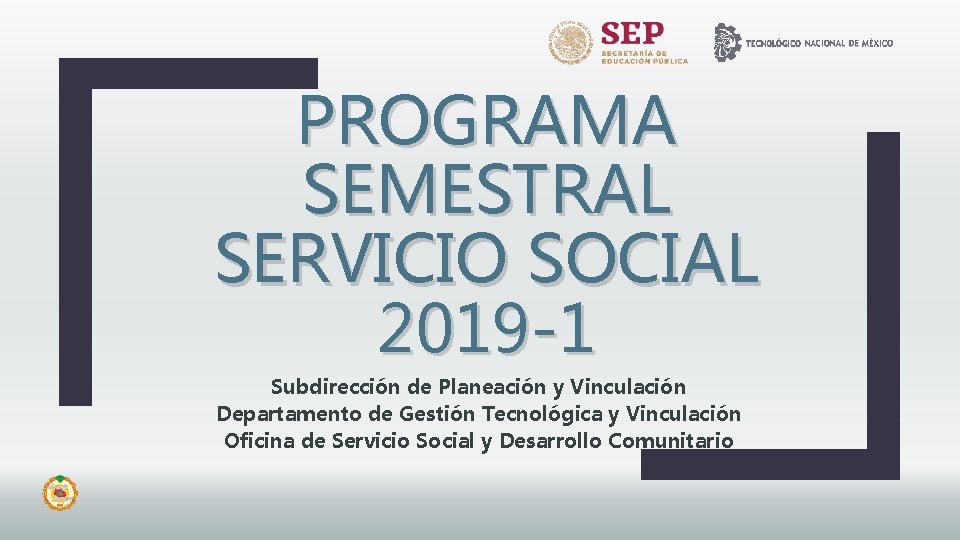 PROGRAMA SEMESTRAL SERVICIO SOCIAL 2019 -1 Subdirección de Planeación y Vinculación Departamento de Gestión