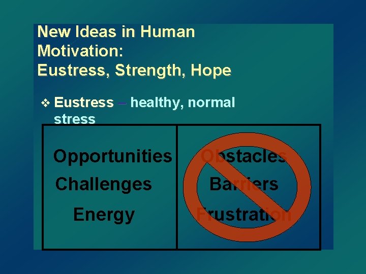New Ideas in Human Motivation: Eustress, Strength, Hope v Eustress – healthy, normal stress
