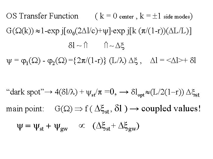 ( k = 0 center , k = 1 side modes) OS Transfer Function