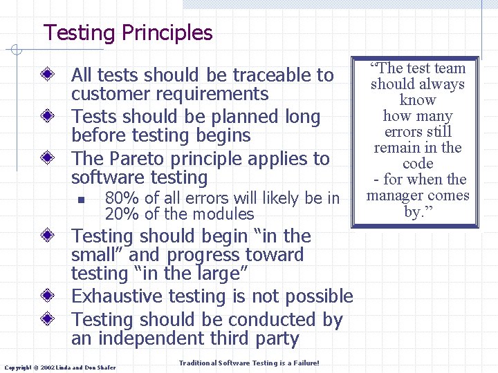 Testing Principles All tests should be traceable to customer requirements Tests should be planned