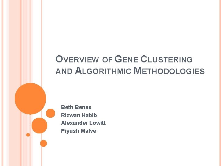 OVERVIEW OF GENE CLUSTERING AND ALGORITHMIC METHODOLOGIES Beth Benas Rizwan Habib Alexander Lowitt Piyush