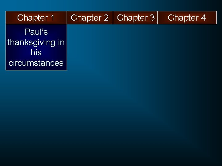 Chapter 1 Paul’s thanksgiving in his circumstances Chapter 2 Chapter 3 Chapter 4 