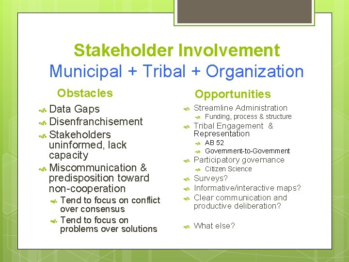 Stakeholder Involvement Municipal + Tribal + Organization Obstacles Data Gaps Disenfranchisement Stakeholders uninformed, lack